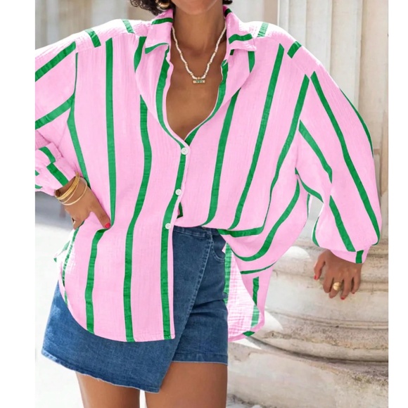 Pink with Green Stripes Oversized Button Down Shirt Long Sleeve - Picture 1 of 7